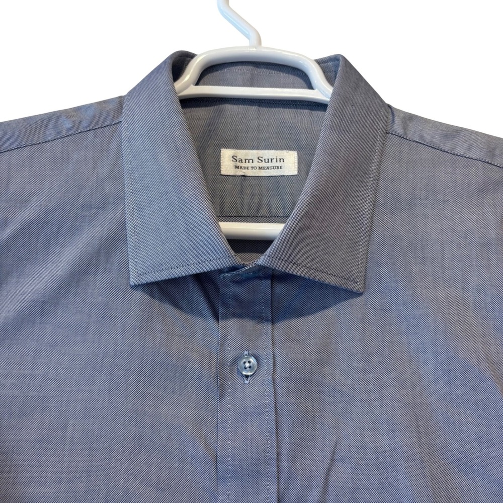 Sam Surin Made to Measure Mens Blue‎ Micro Pattern French Cuff Dress Shirt 26x34
